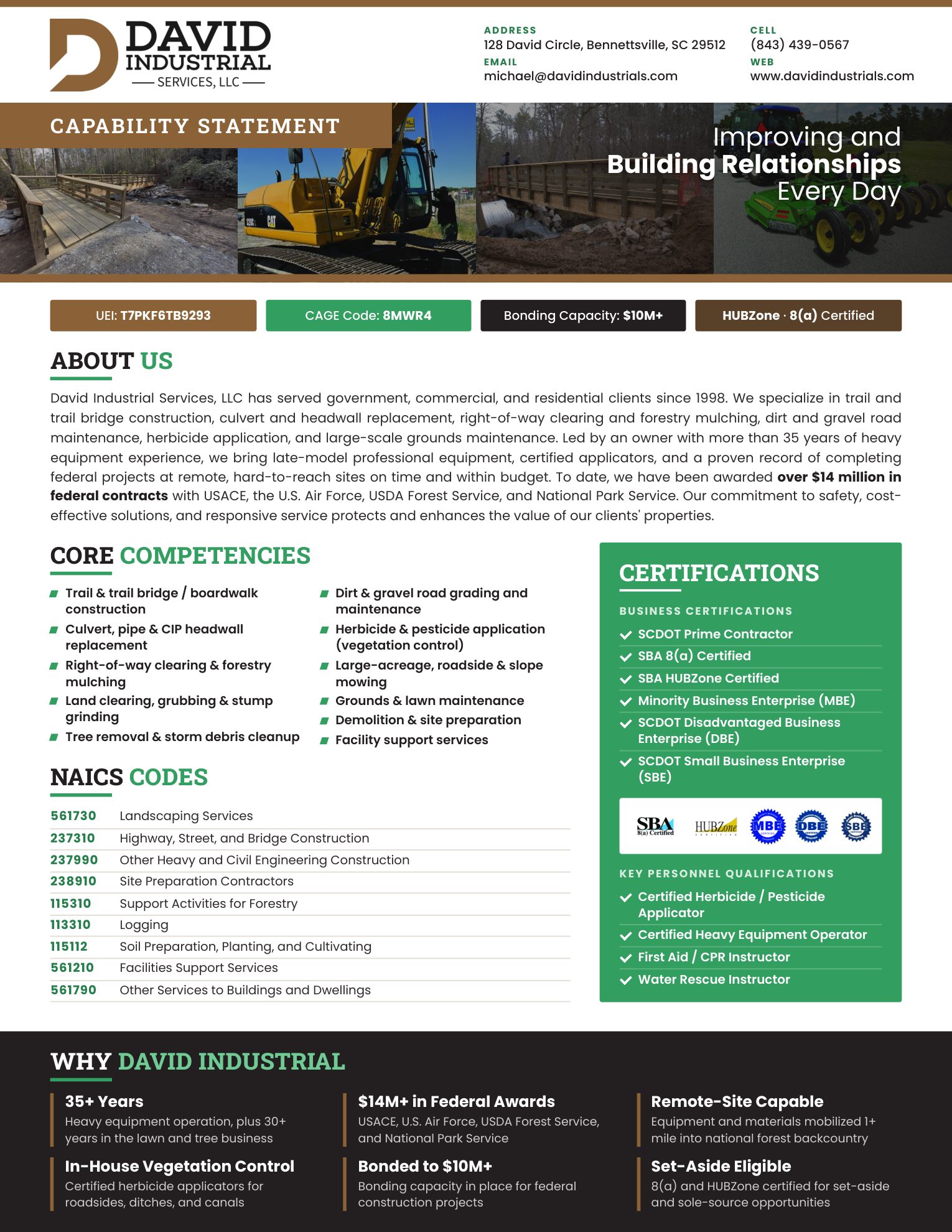 Capability statement page 1: about us, core competencies, NAICS codes, certifications